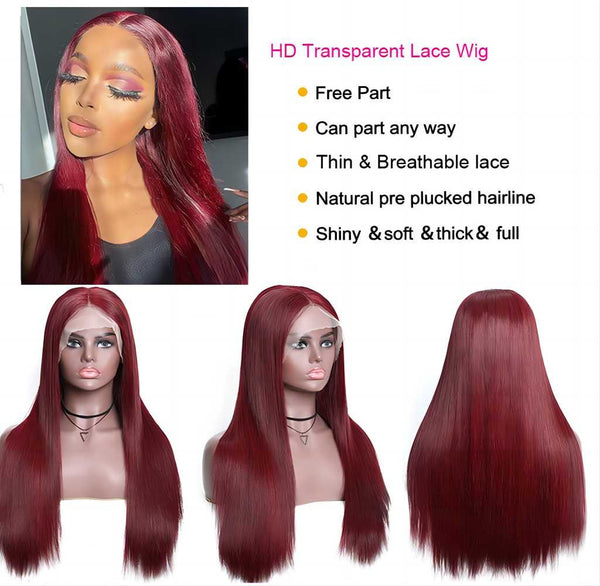 SDD 13*4 HDTransparent lace frontal wig high density 99J color baby hairs within pre-plucked hair line invisiable lace within small knots match all skins