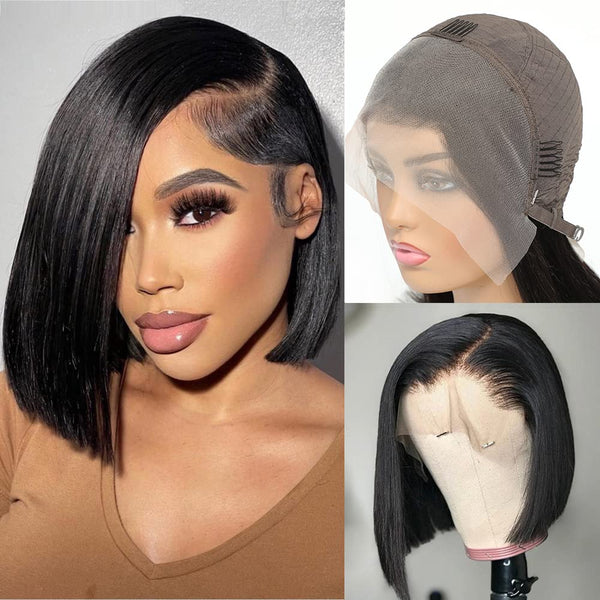 12" 13x4 Full Frontal Double Drawn Peruvian Raw Hair Lace Front Wigs Peruvian Hair Sleek Straight Bob Wigs for Black Women