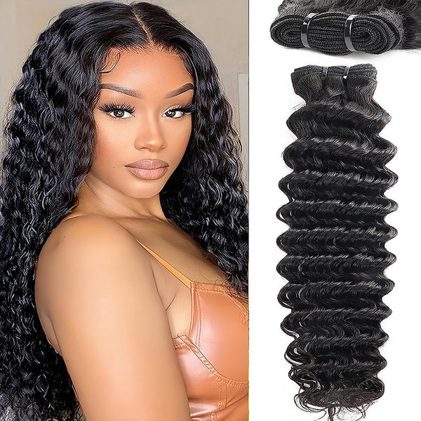 Hot Deep Wave Bundles Human Hair 18 20 22 Inch Brazilian Virgin Human Hair 3 Bundles 12A Grade 100% Unprocessed Deep Wave Human Hair Bundles Double Weft Hair Extensions Natural Color