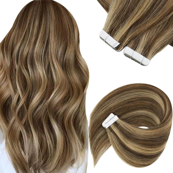 Tape in Hair Extensions Chocolate Brown to Caramel Blonde Real Human Hair Extensions Seamless Straight Human Hair Extensions 50g 20pcs 18inch